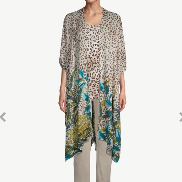 Chico's Leopard print floral Ruana Long Line Wrap Kimono NWOT beach one Size - Picture 1 of 9